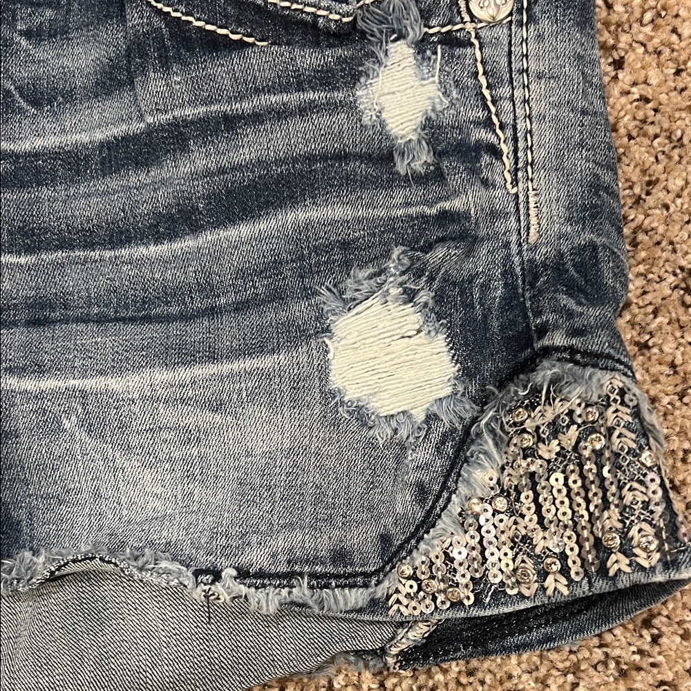Miss Me Signature Distressed Denim Shorts with Sequin & Bling Trim size 31 - Picture 2 of 7